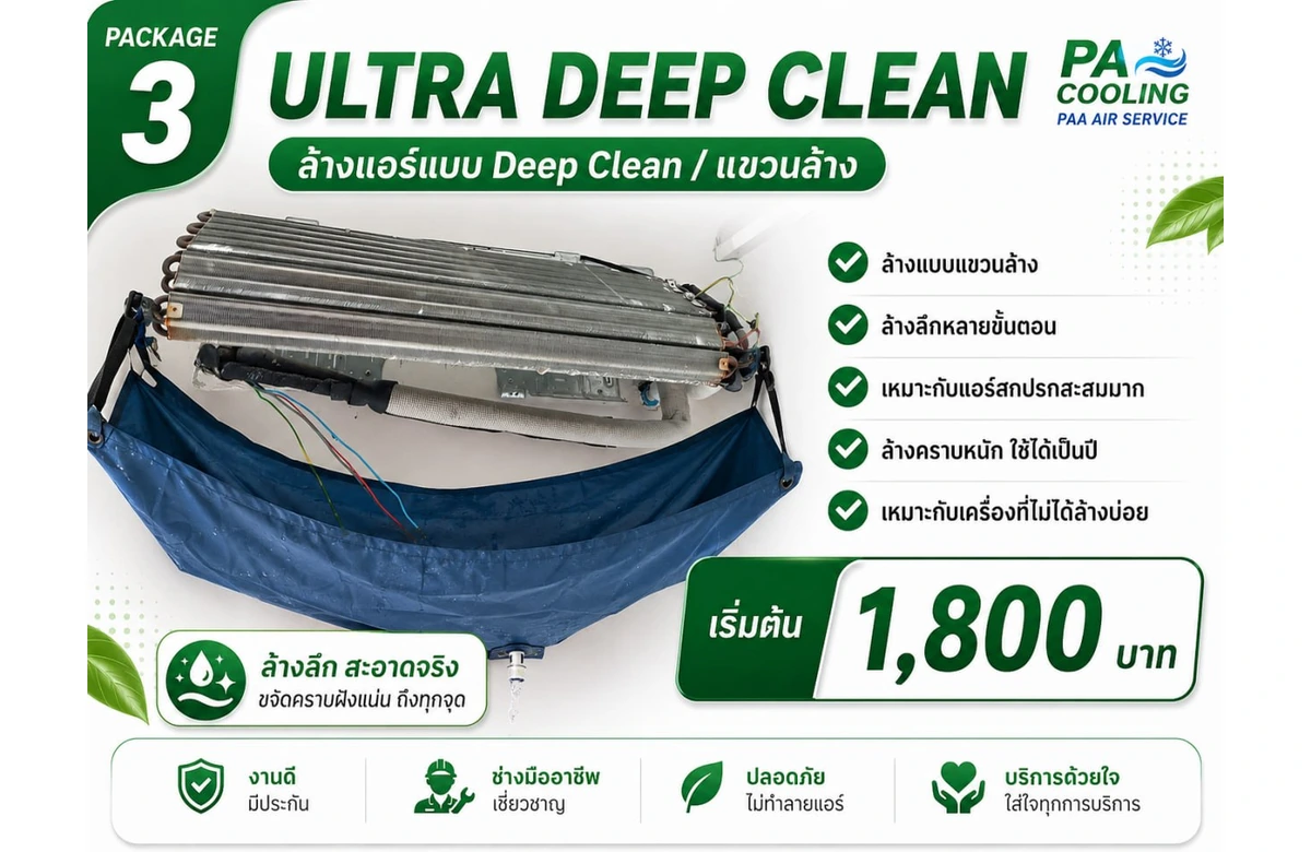 ล้างแอร์แบบ Deep Clean แขวนล้าง เครื่องยังอยู่บนผนัง มีถุงรองน้ำล้างและท่อน้ำทิ้งควบคุม